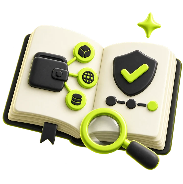 An open guide beside a wallet, a shield and a magnifier