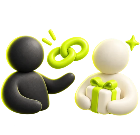 Two people linked by a chain, one handing the other a gift