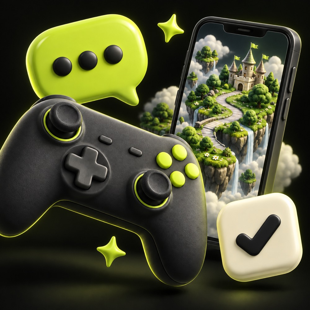 A game controller, survey bubble and phone with a miniature game world in lime and charcoal